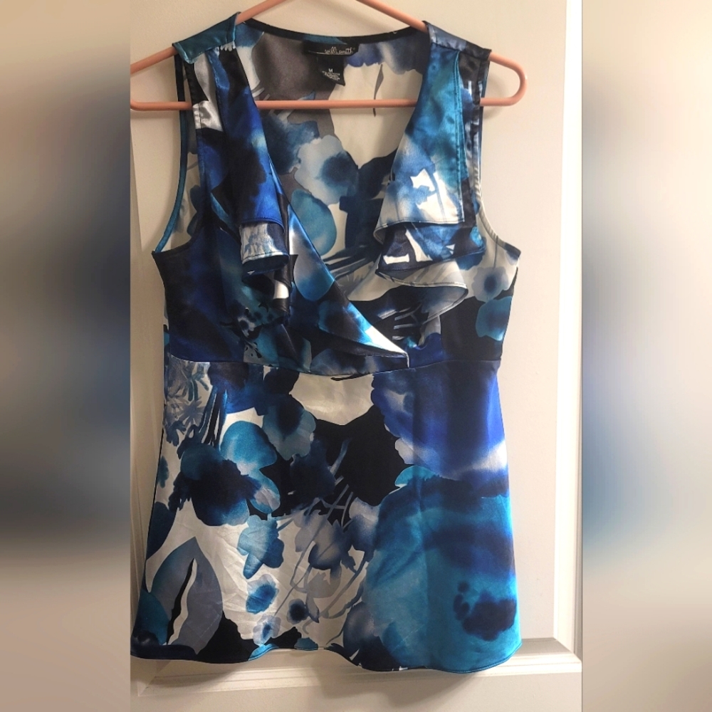 Blue Foral Sleeveless Ruffle Medium Willi Smith Top